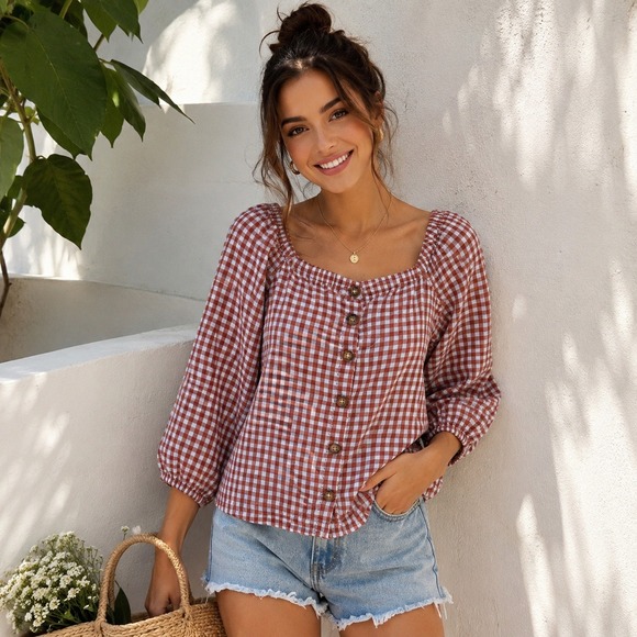 Madewell Tops - Madewell Gingham Button Front Puff Sleeve Top Terracotta Brown White Size 4